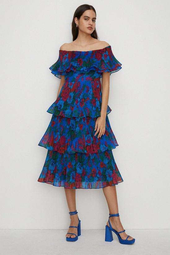 Oasis Floral Bardot Pleated Organza Tiered Midi Dress 1