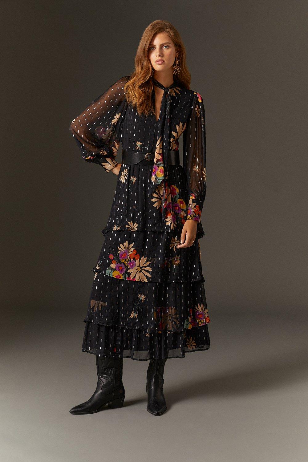 Oasis floral clearance tiered midi dress