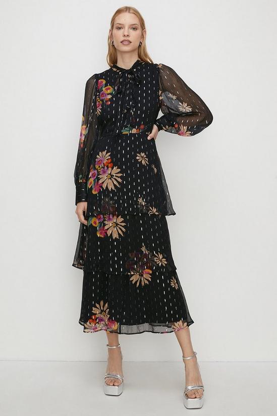 Oasis Metallic Chiffon Floral Print Tiered Midi Dress 2