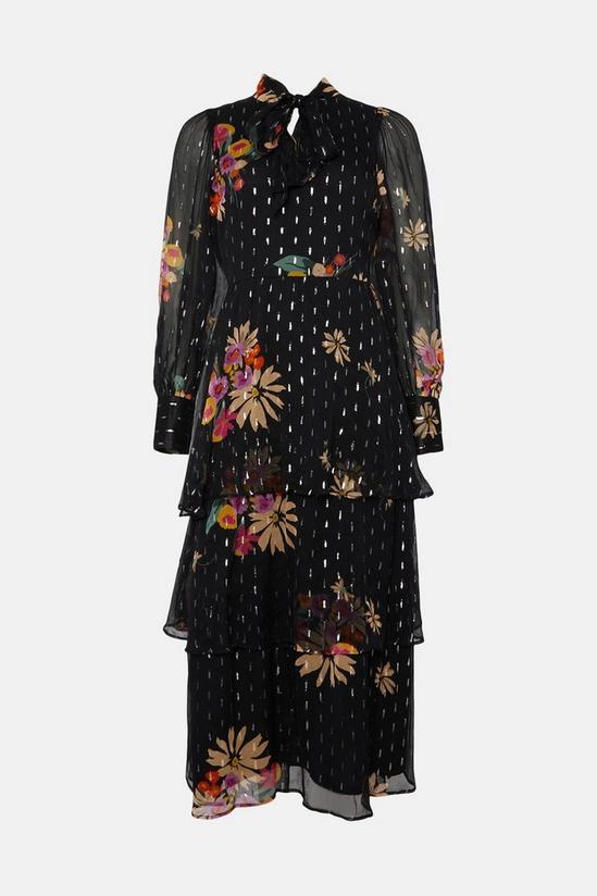 Oasis Metallic Chiffon Floral Print Tiered Midi Dress 5