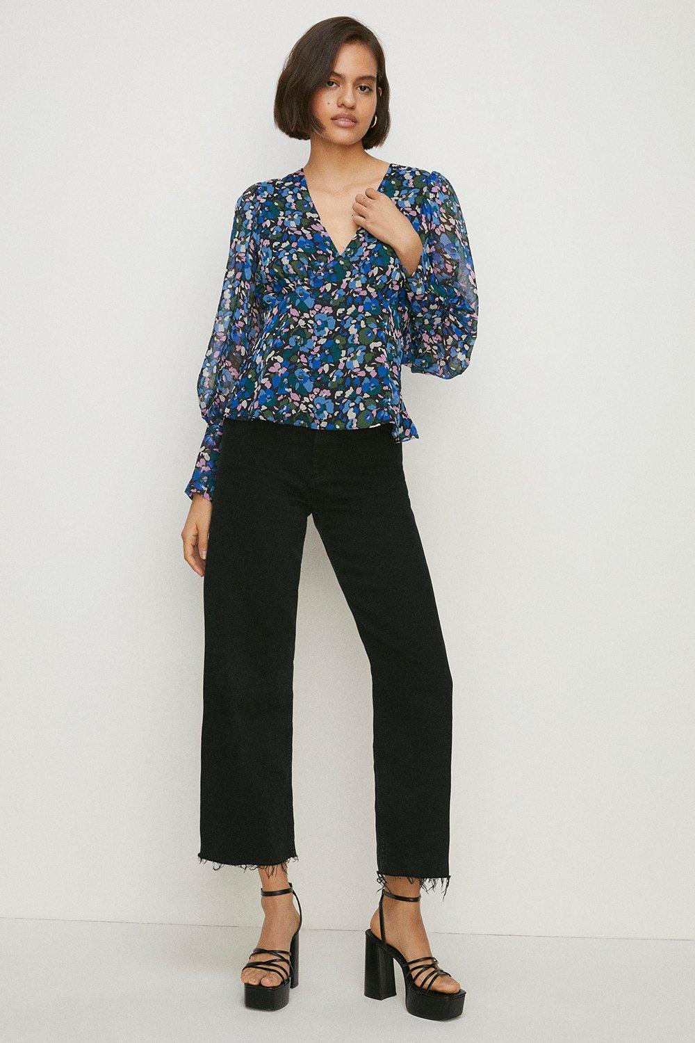 Tops Ditsy Chiffon Long Sleeve Top Oasis