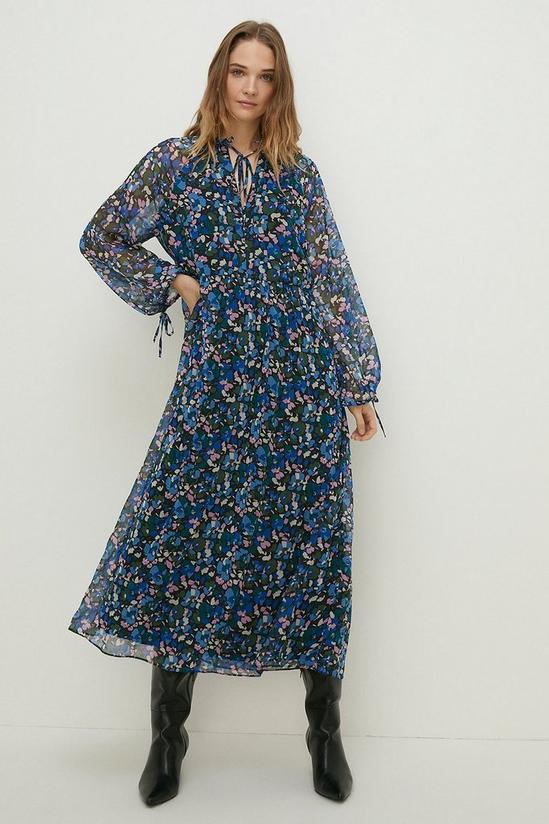 Oasis Ditsy Chiffon Pleated Long Sleeve Midi Dress 1