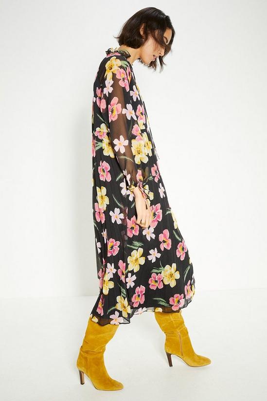 Oasis Floral Chiffon Pleated Long Sleeve Midi Dress 1
