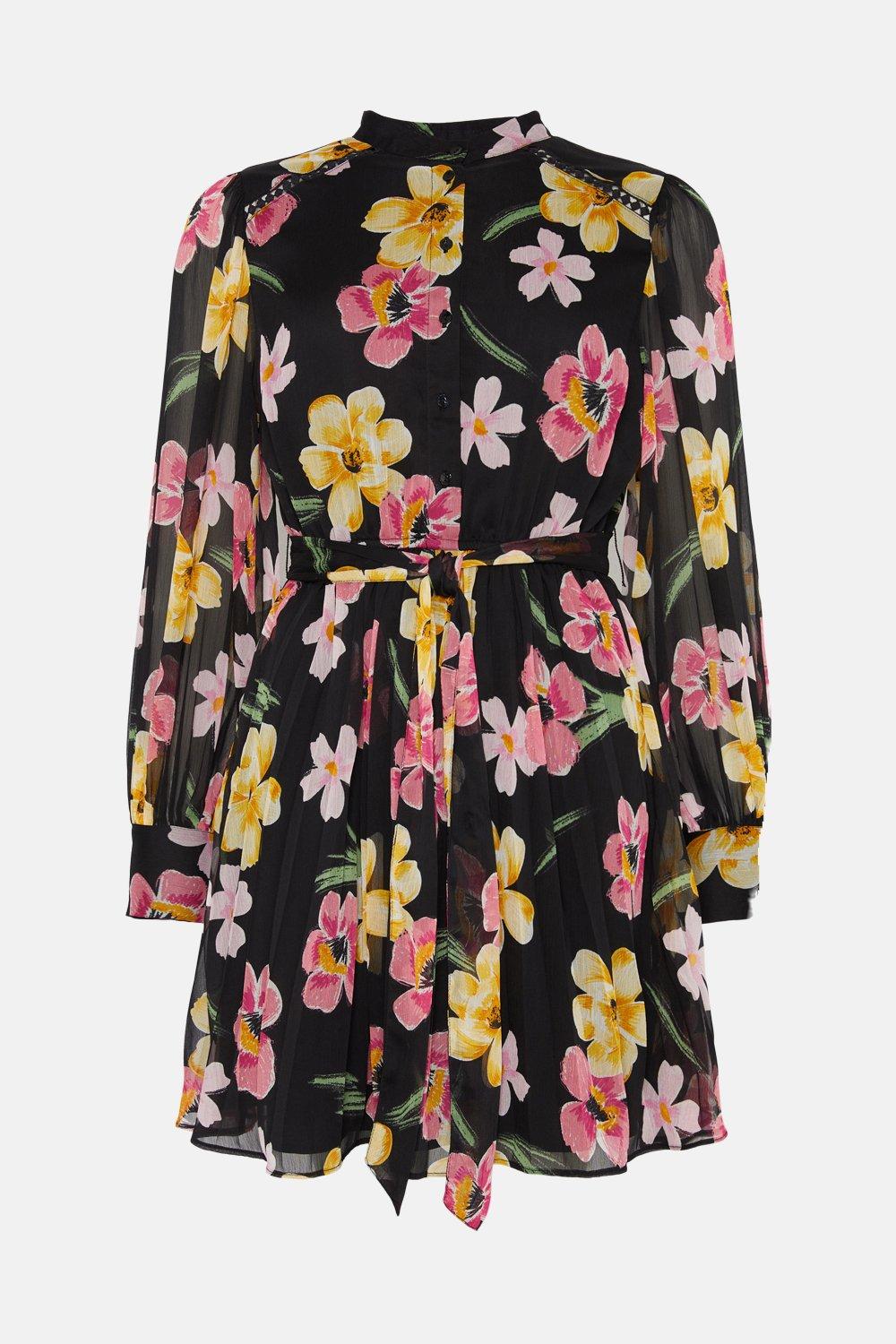 Dresses Floral Chiffon Pleated Long Sleeve Skater Dress Oasis