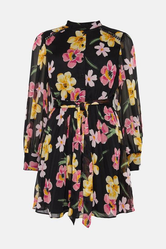 Oasis Floral Chiffon Pleated Long Sleeve Skater Dress 4