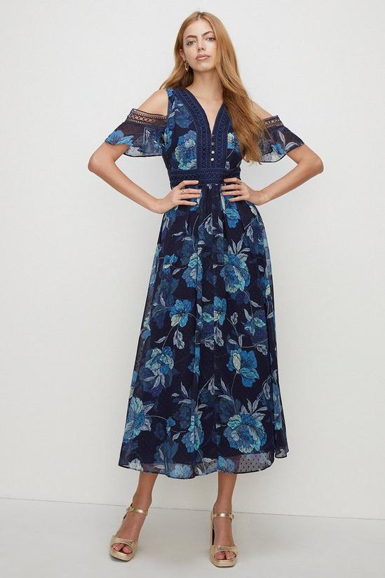 Oasis Floral Cold Shoulder Lace Trim Midi Dress 1
