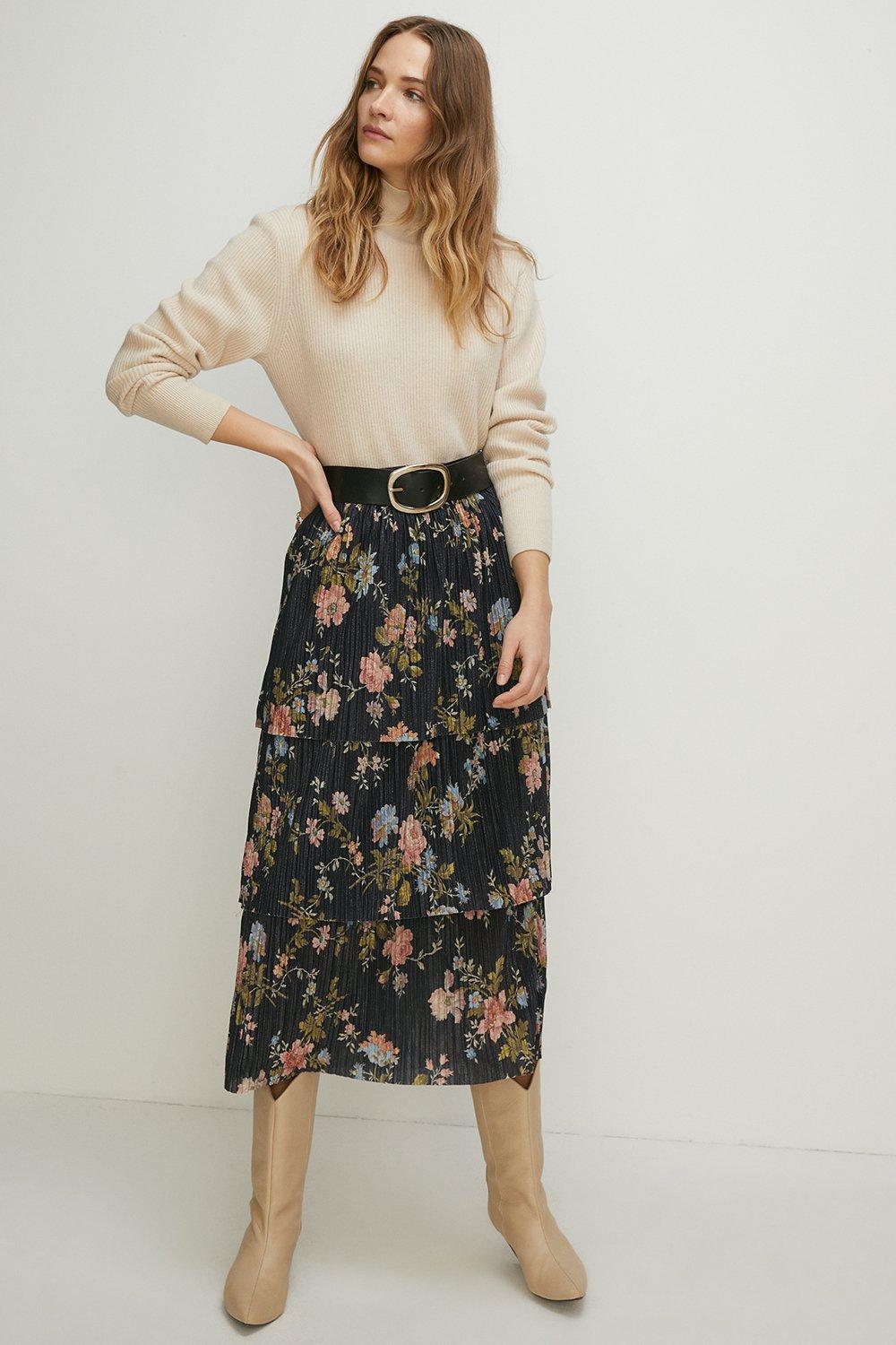 Skirts | Floral Metallic Plisse Tired Midi Skirt | Oasis