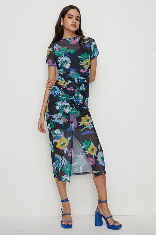 Oasis Bright Floral Ruched Mesh Midi Dress 1