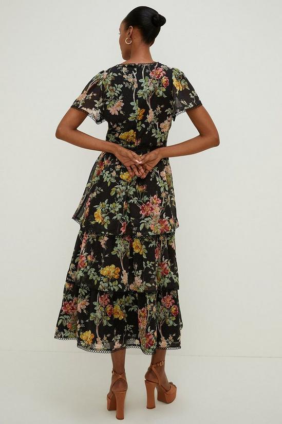 Oasis Dark Floral Dobby Tiered V Neck Midi Dress 3