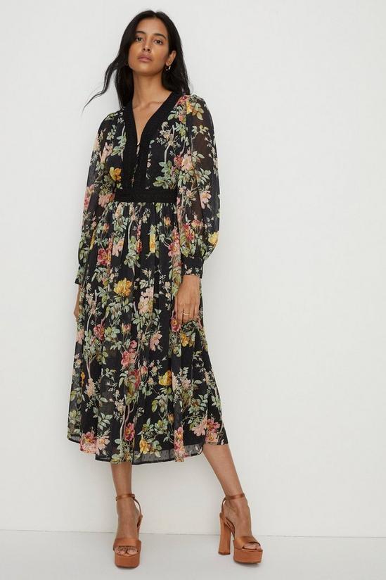Oasis Dark Floral Lace Dobby V Neck Midi Dress 1