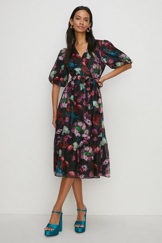 Oasis Painted Floral Wrap Organza Midi Dress 1