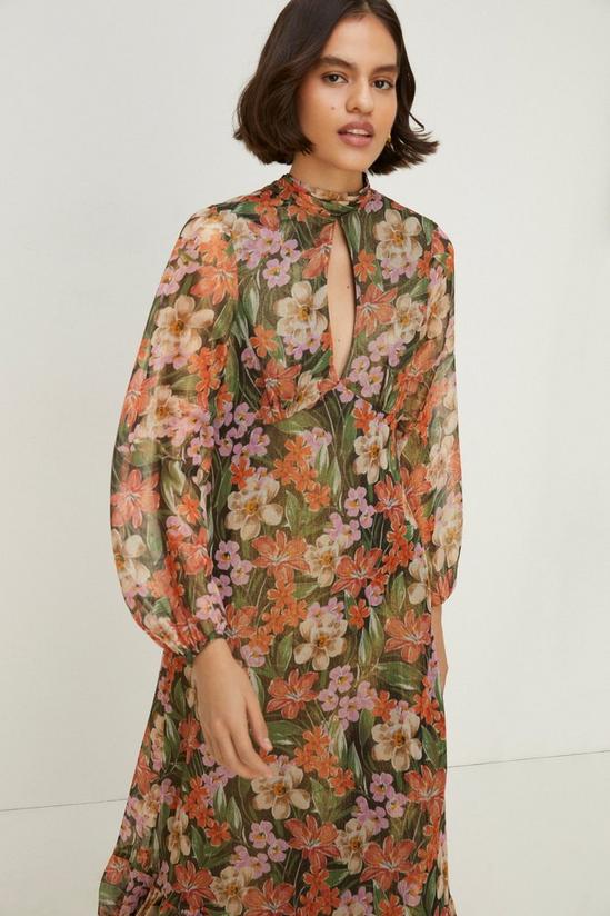 Oasis Floral Printed Metallic Chiffon Midi Dress 2