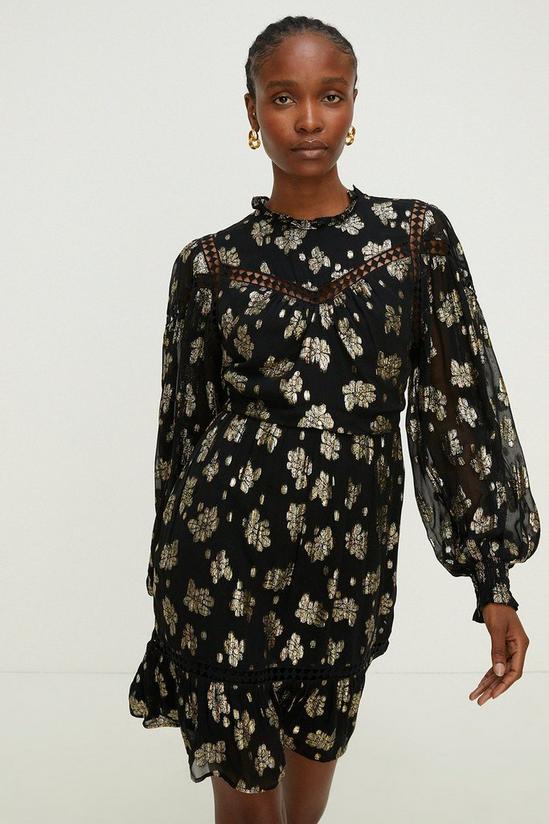 Oasis Petite Metallic Floral Jacquard Lace Trim Skater Dress 1