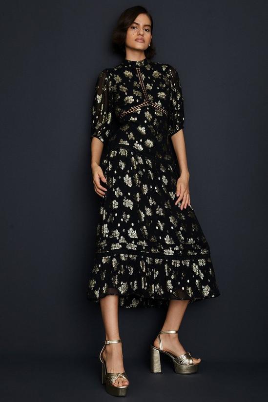 Oasis Petite Metallic Floral Jacquard Lace Trim Midi Dress 1
