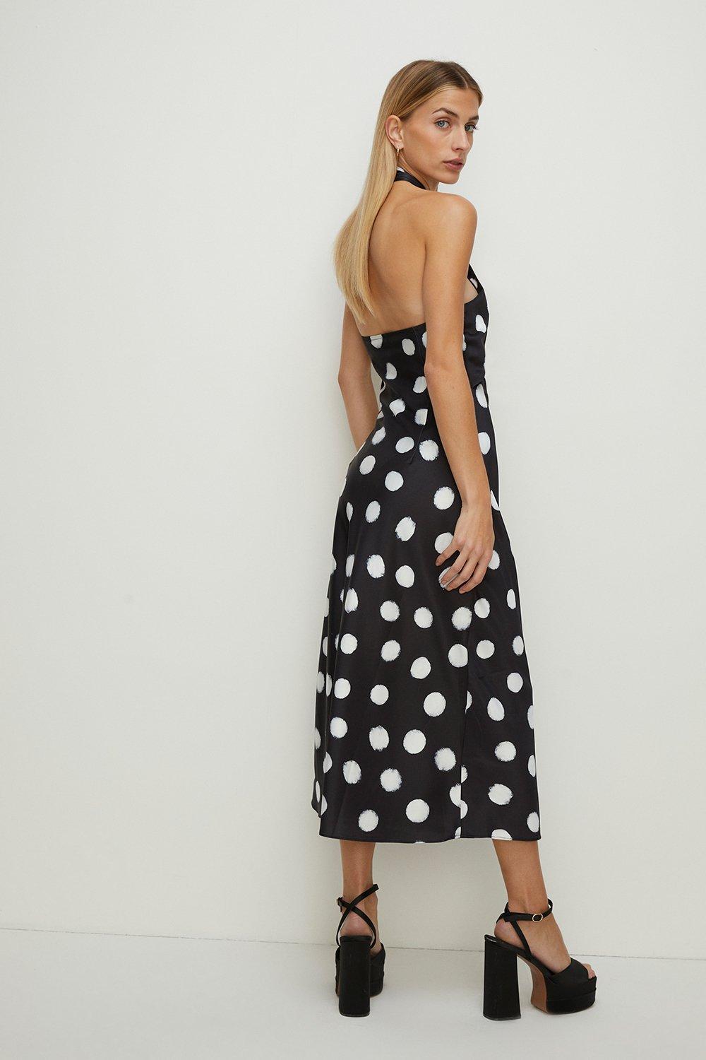 Dresses | Mono Spot Satin Halter Neck Midi Dress | Oasis