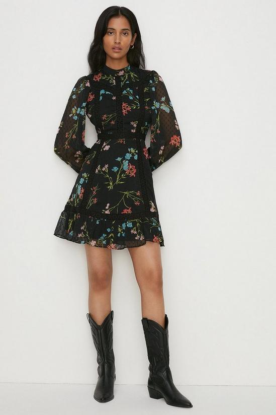Oasis Petite Lace Trim Dobby Chiffon Floral Print Skater Dress 1