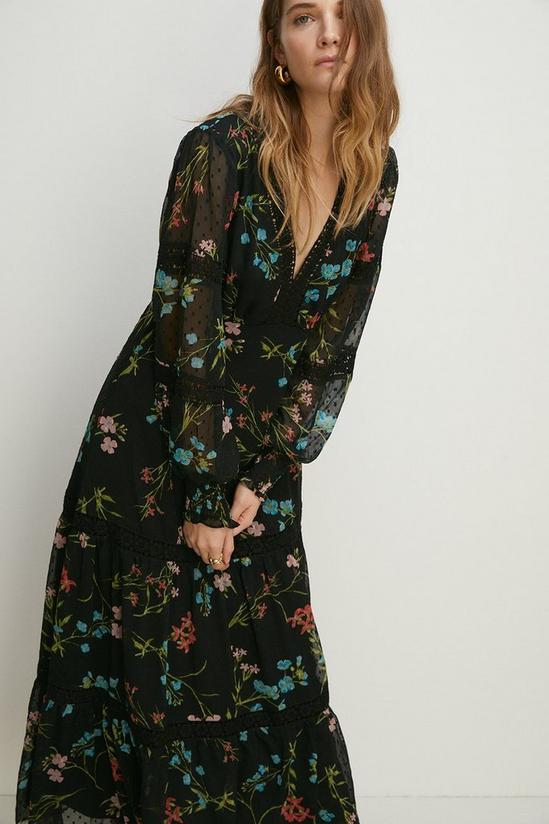 Oasis Lace Trim Dobby Chiffon Floral Print Midi Dress 1