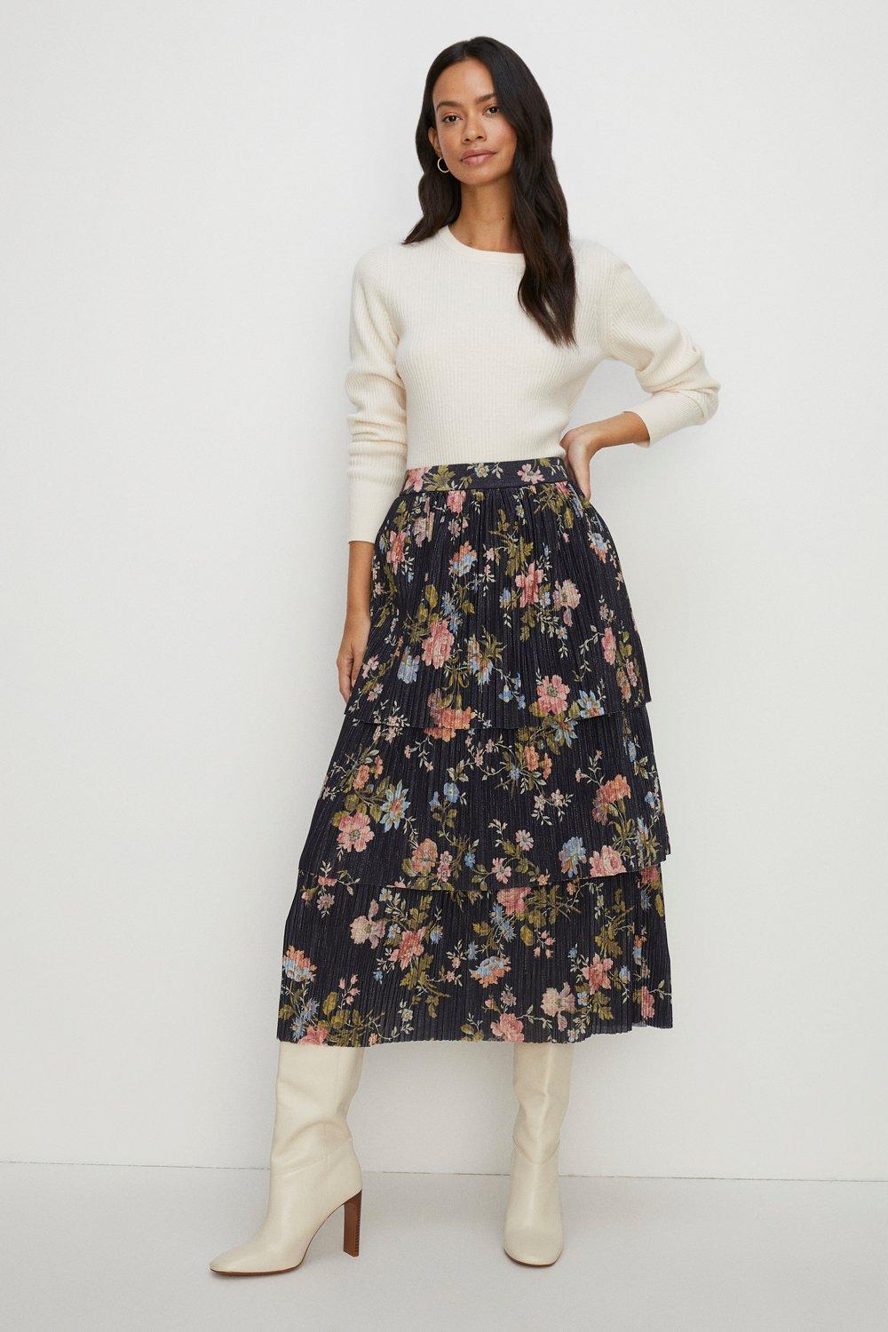 Petite Floral Metallic Plisse Tired Midi Skirt