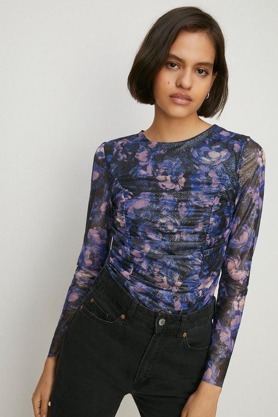 Oasis Glitter Floral Mesh Ruched Front Top 1