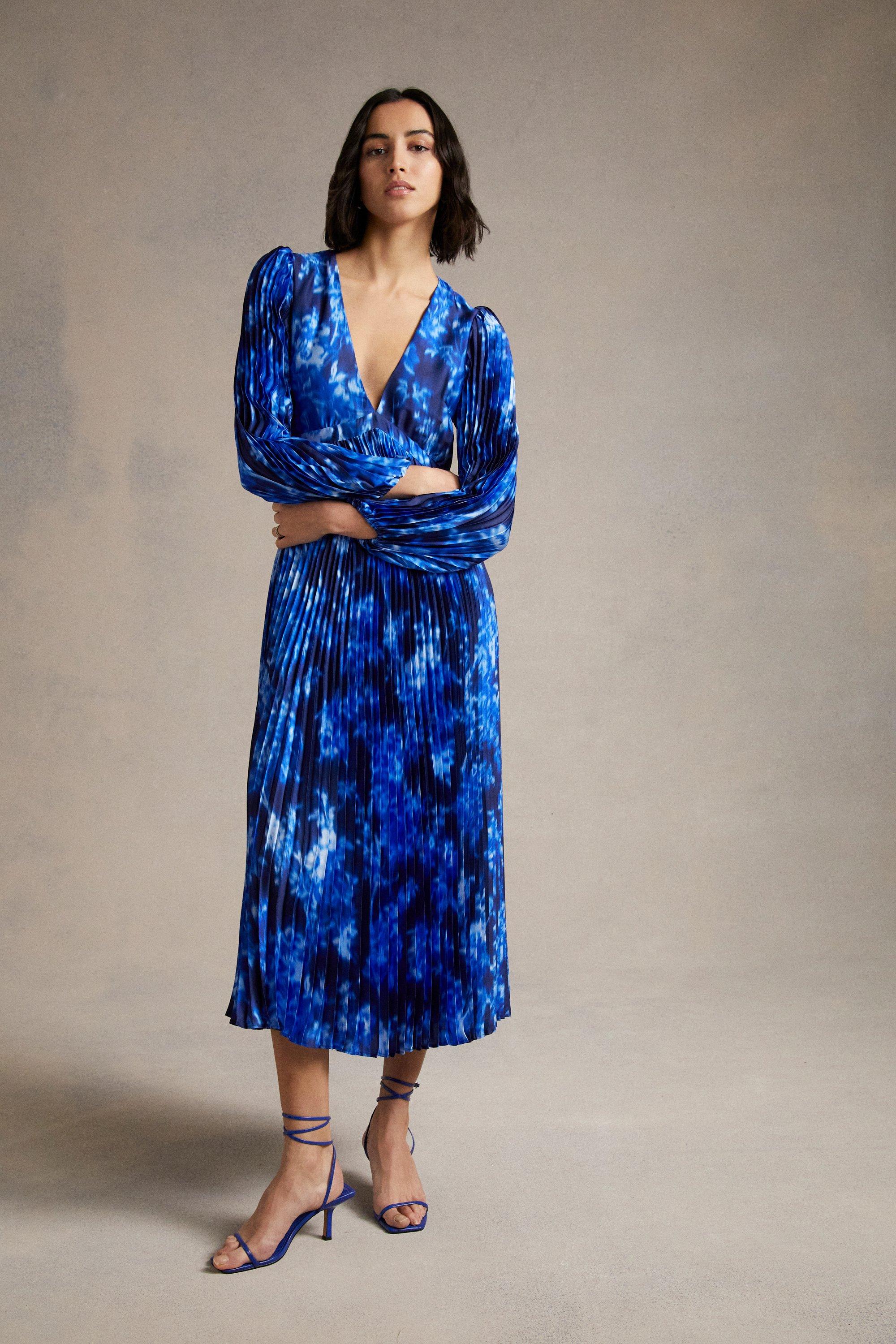 Dresses Floral Blur Satin Pleated V Neck Midi Dress Oasis