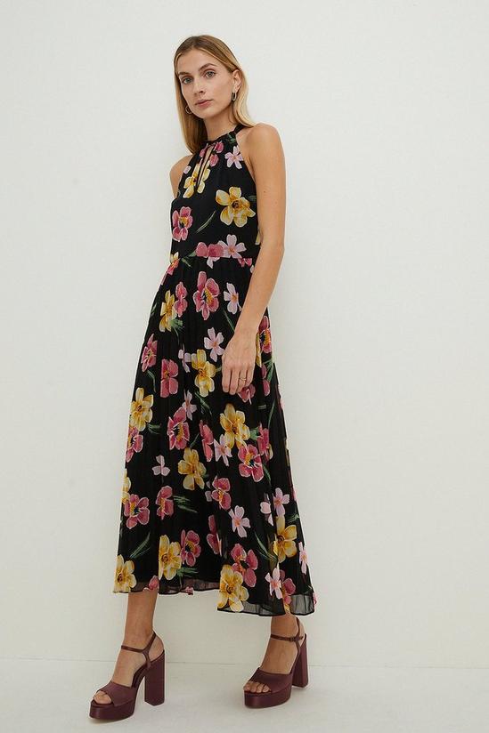 Oasis Floral Chiffon Halter Neck Pleated Maxi Dress 1