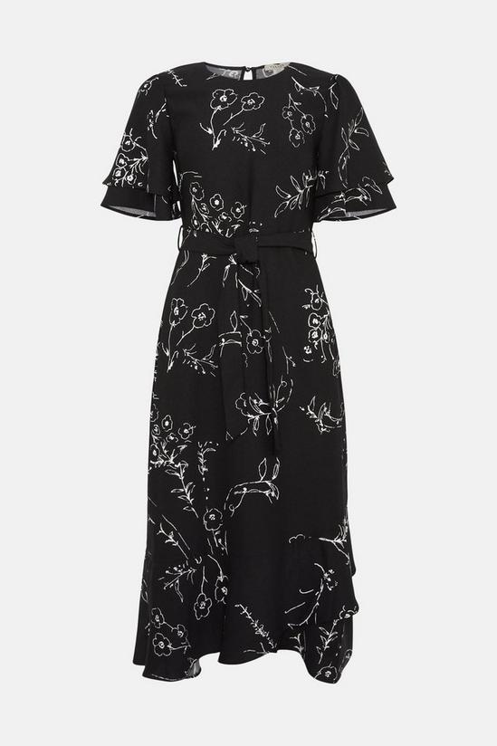 Oasis Petite Mono Floral Printed Frill Detail Belted Midi Dress 5