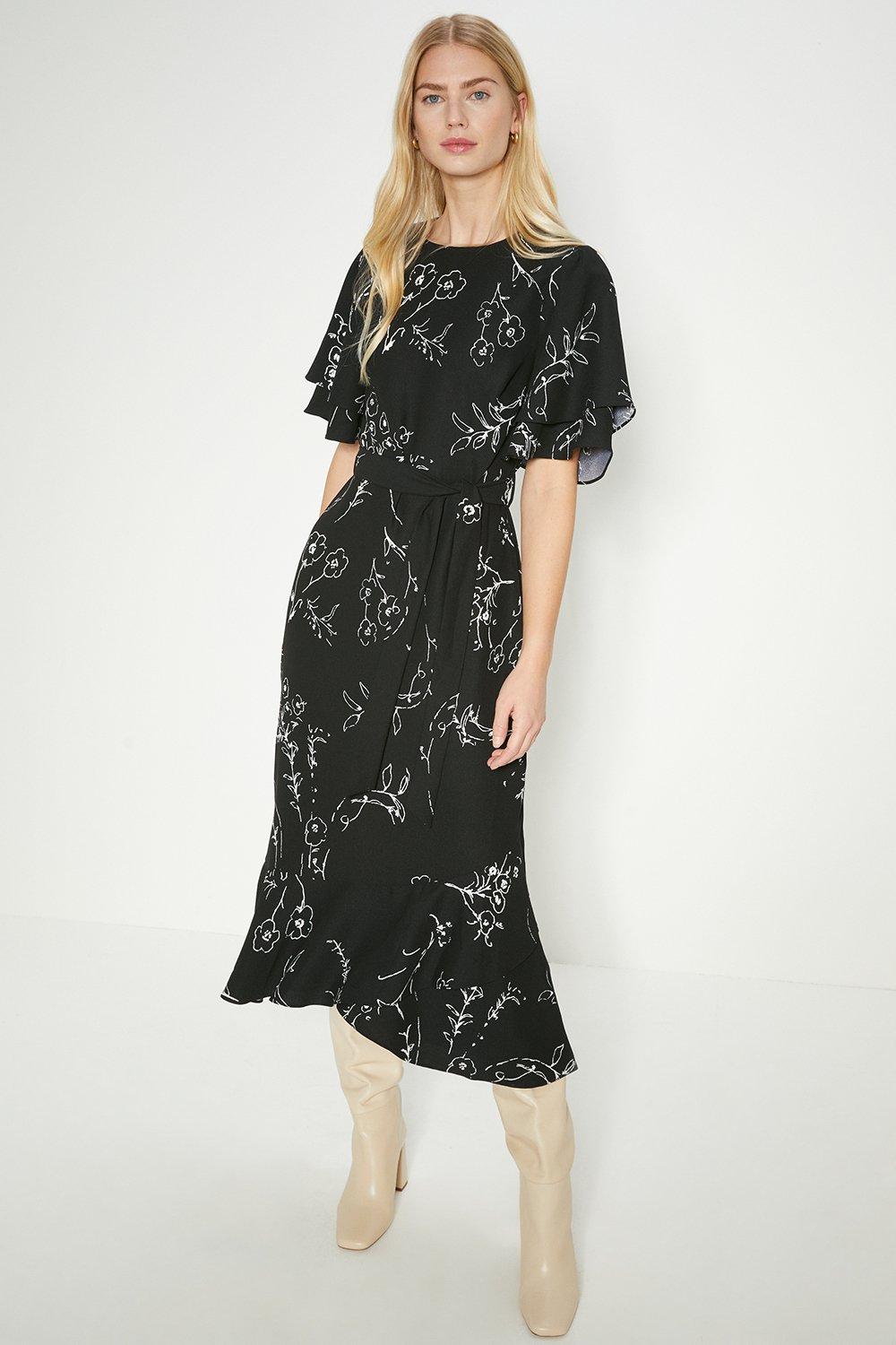 Mono Floral Printed Frill Detail Belted Midi Dress