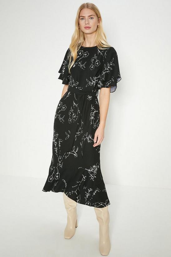 Oasis Mono Floral Printed Frill Detail Belted Midi Dress 1