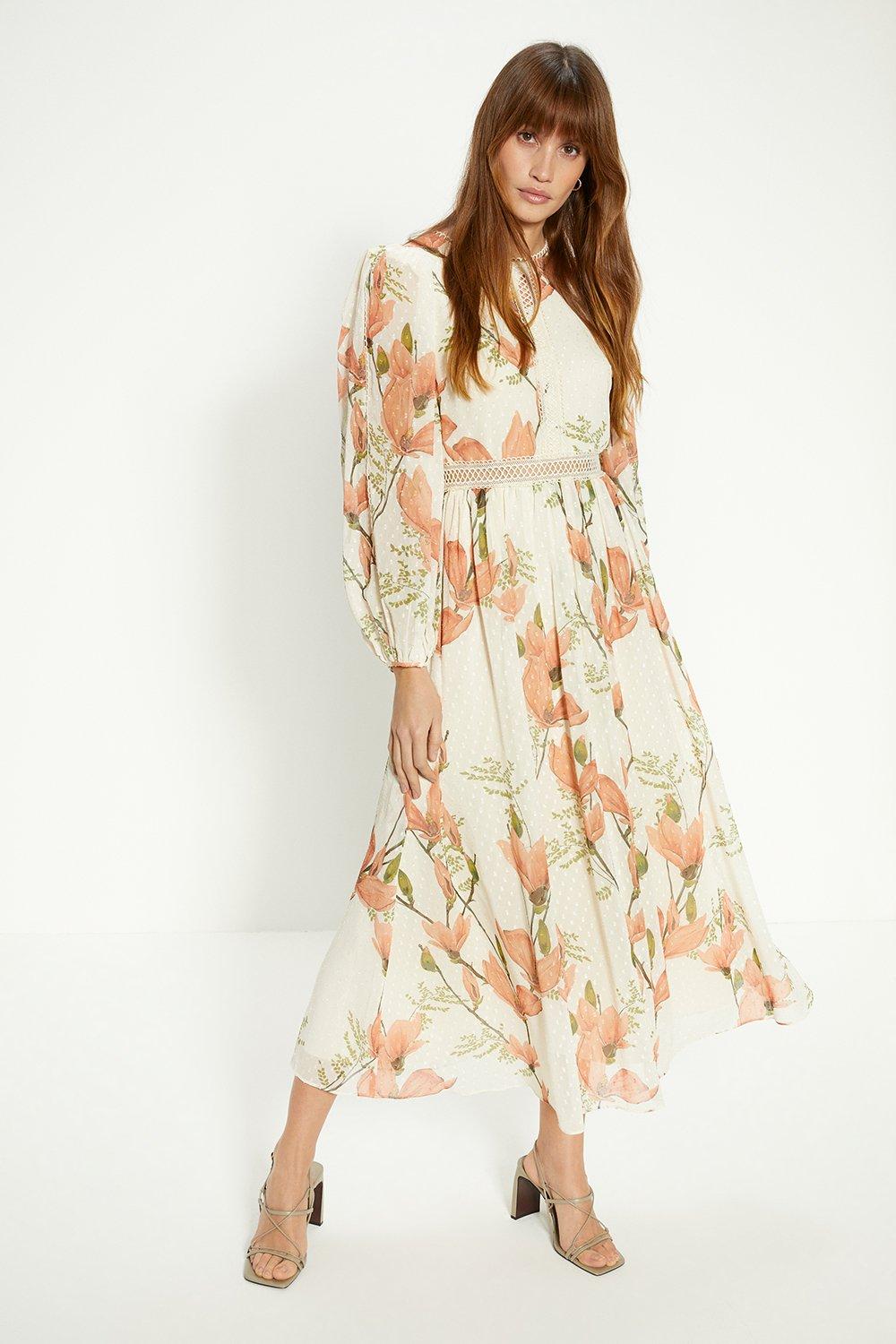 Magnolia Floral Lace Balloon Sleeve Midi Dress