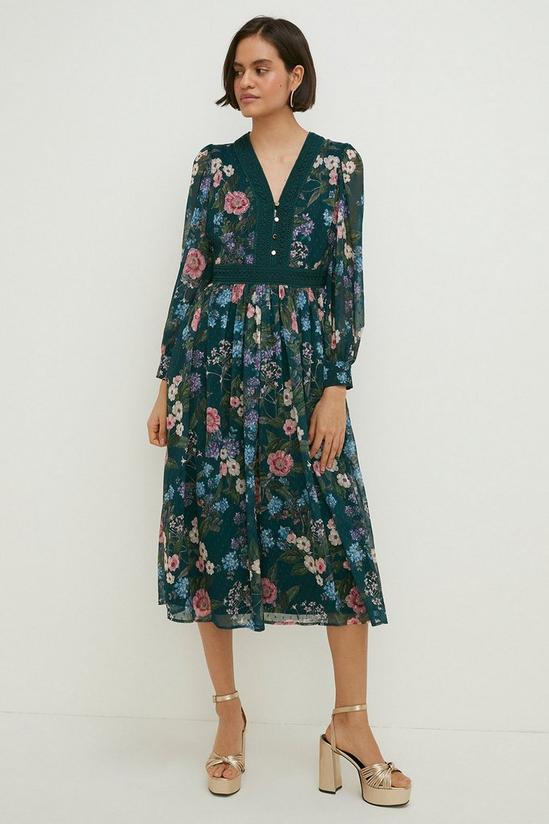 Oasis Floral Dobby Chiffon Lace V Neck Midi Dress 2