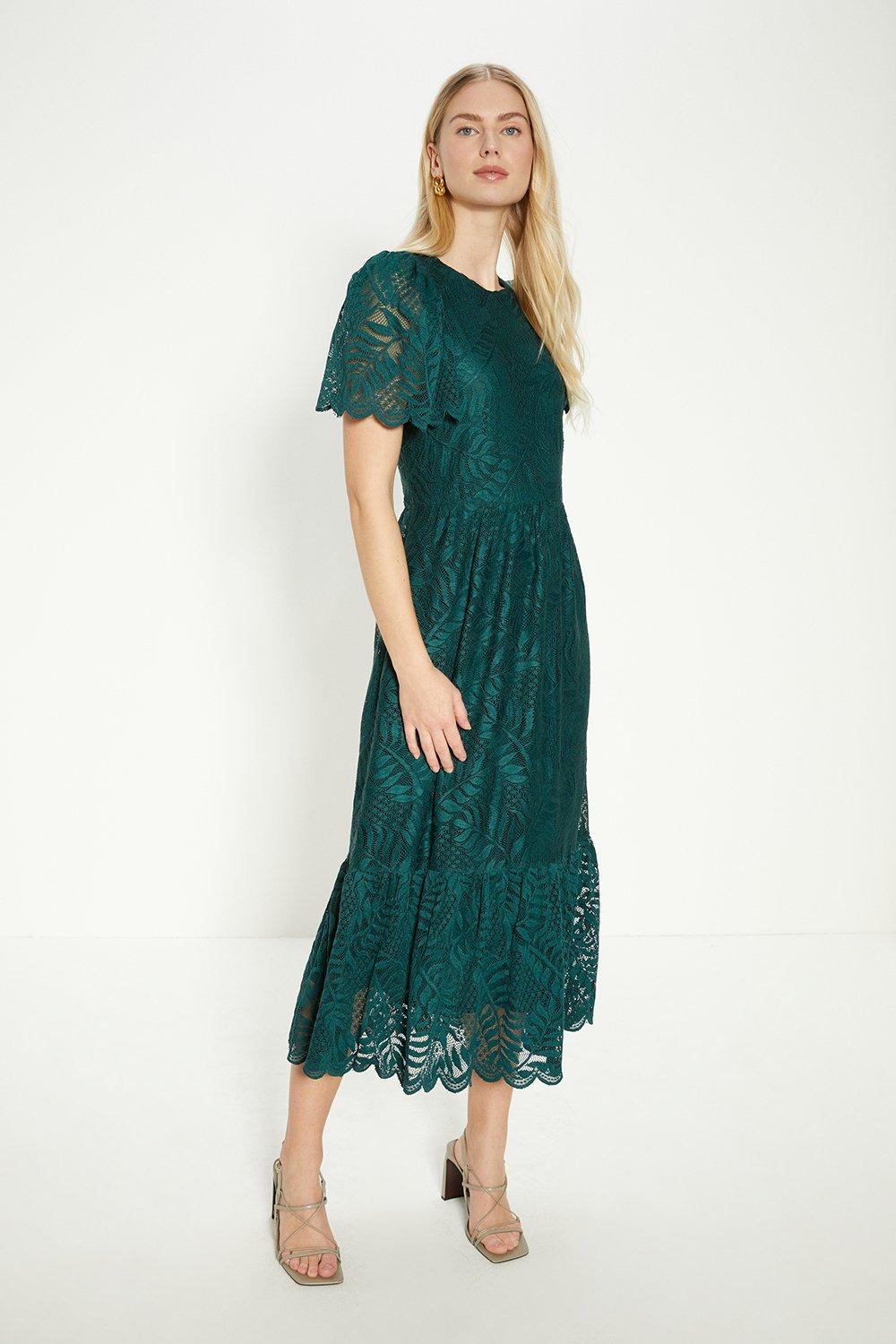 Dresses Scallop Lace Full Skirted Angel Sleeve Midi Dress Oasis