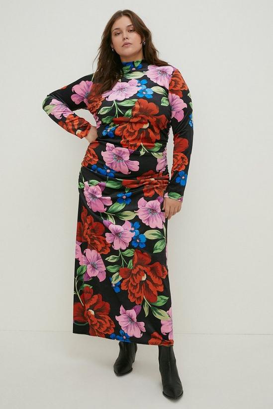 Oasis Curve Floral Velvet Funnel Neck Ruched Side Midi Dress 1