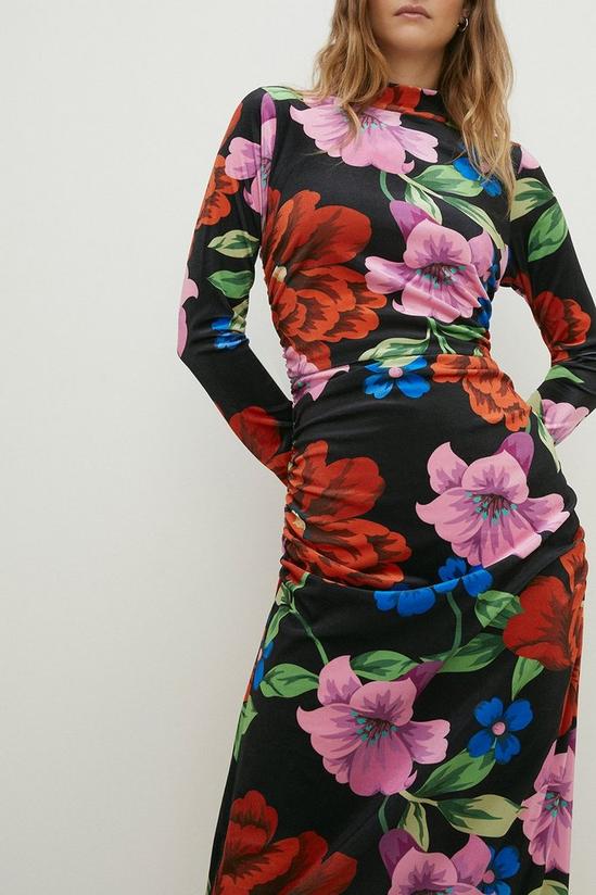 Oasis Floral Velvet Funnel Neck Ruched Side Midi Dress 1