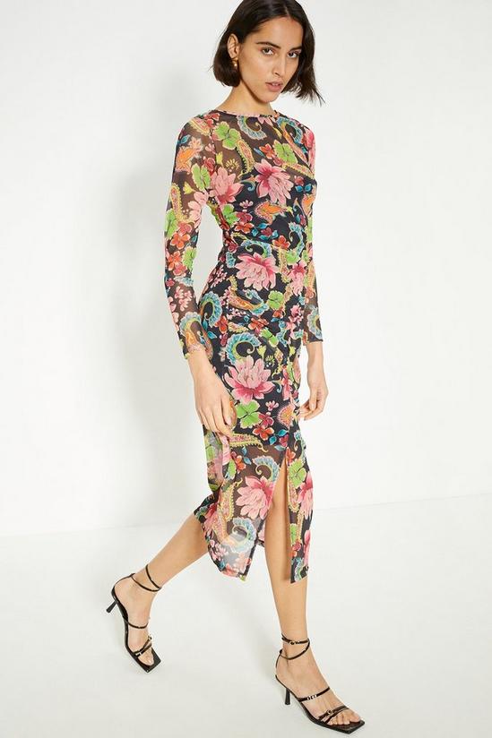 Oasis Paisley Floral Mesh Ruched Long Sleeve Midi Dress 1