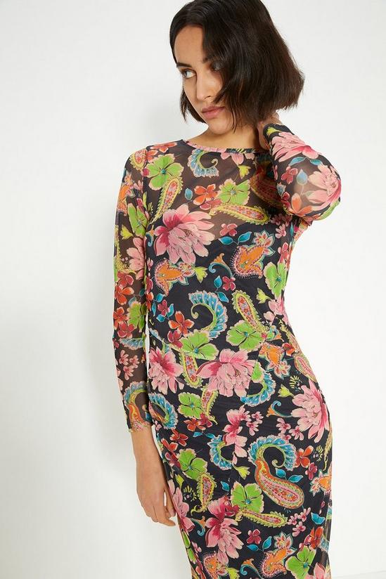 Oasis Paisley Floral Mesh Ruched Long Sleeve Midi Dress 2