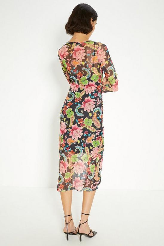 Oasis Paisley Floral Mesh Ruched Long Sleeve Midi Dress 3