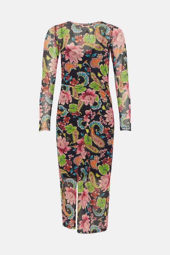Oasis Paisley Floral Mesh Ruched Long Sleeve Midi Dress 4