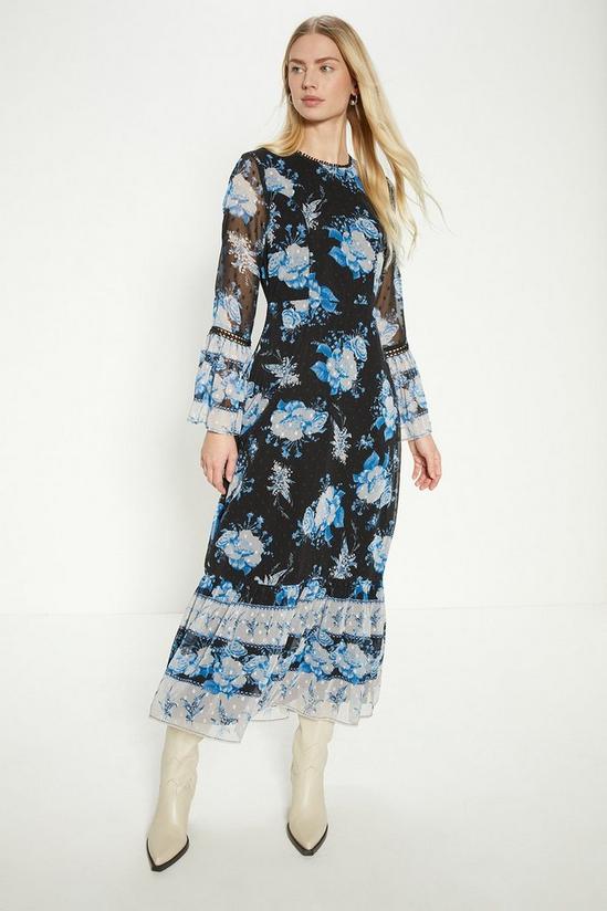Oasis Dobby Chiffon Blue Floral Midi Dress 1