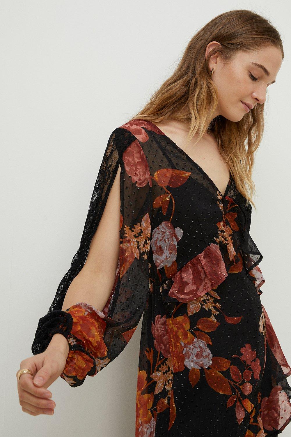 Floral Lace Mix Split Sleeve Midi Dress