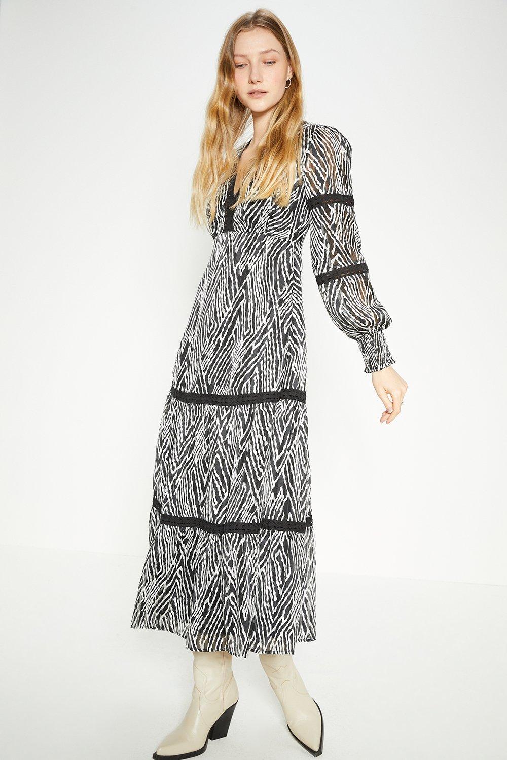 Lace Trim Dobby Chiffon Animal Print Midi Dress