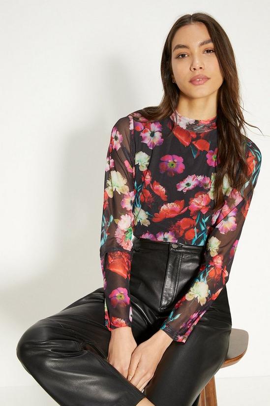 Oasis Floral Printed Funnel Neck Mesh Top 1