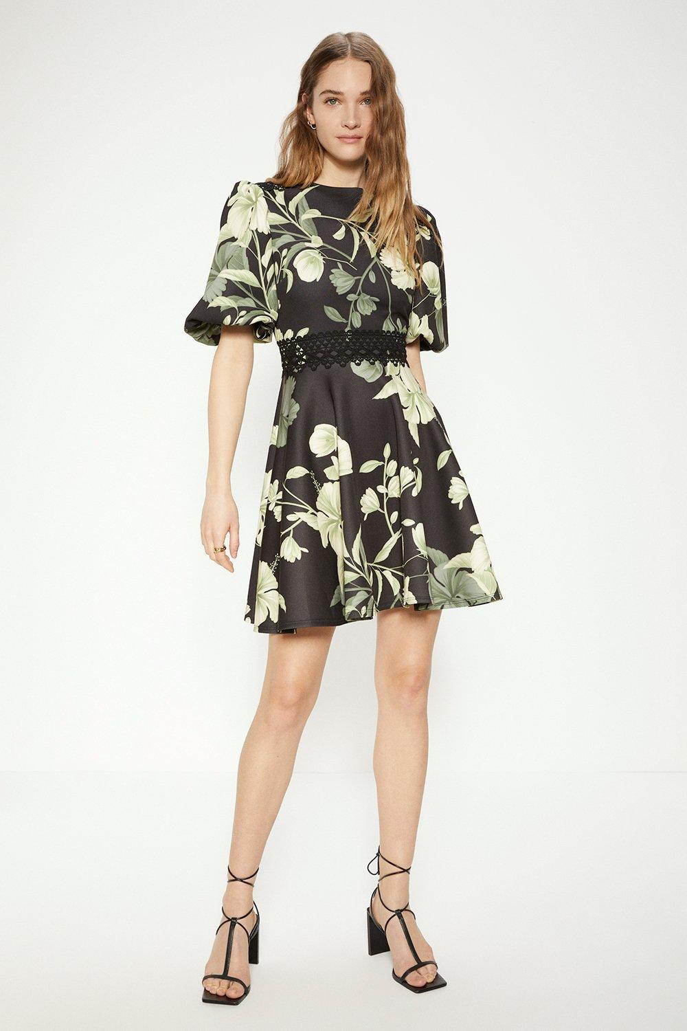 Dresses | Floral Printed Scuba Lace Trim Skater Dress | Oasis