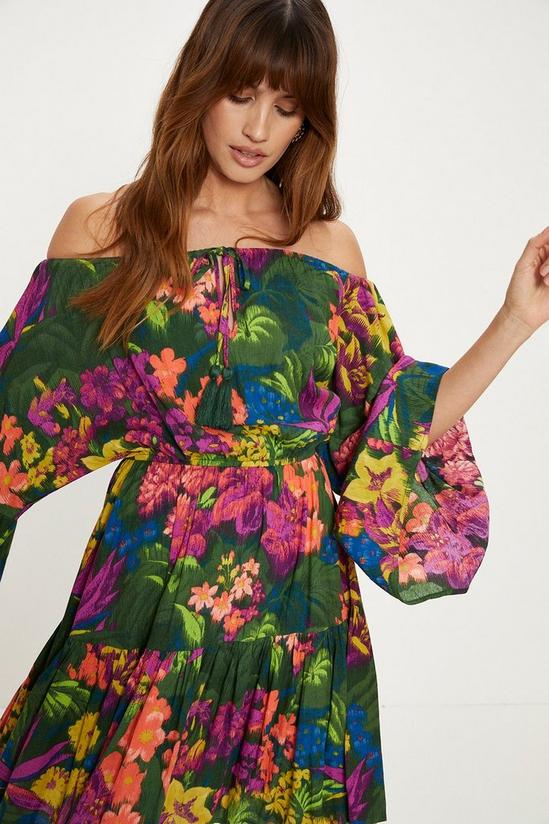 Oasis Tropical Print Crinkle Shirred Bardot Dress 1