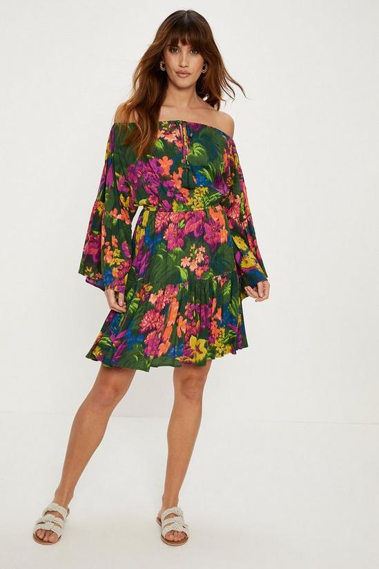 Oasis Tropical Print Crinkle Shirred Bardot Dress 2