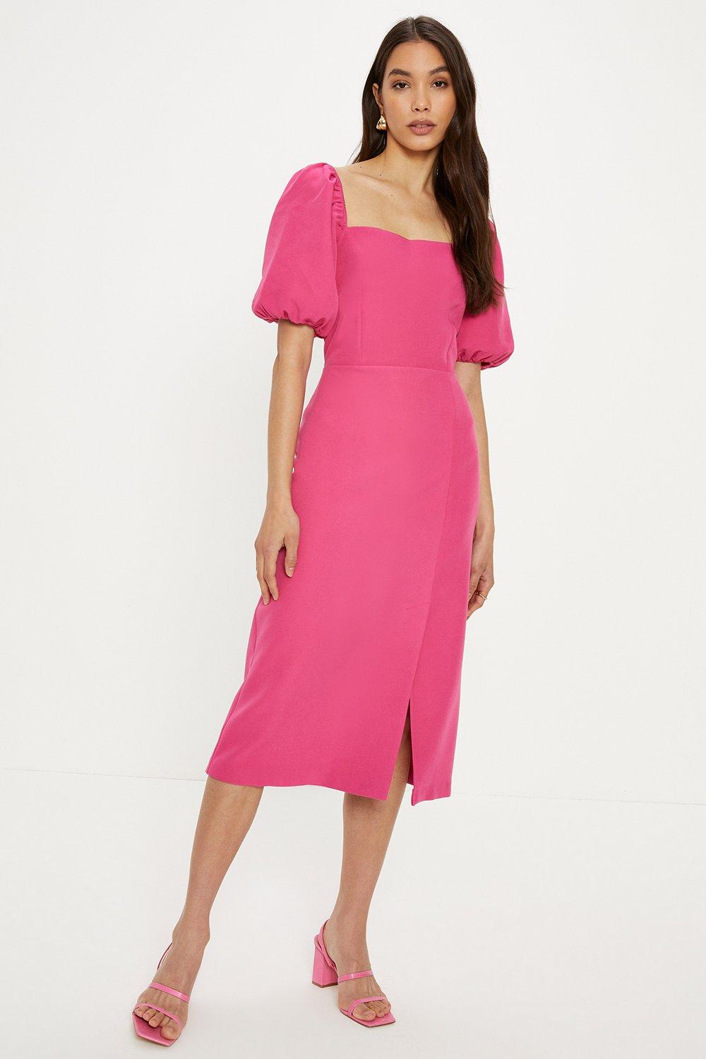 Crepe Puff Sleeve Pencil Dresspink