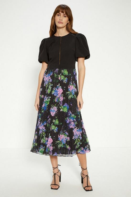 Oasis Puff Sleeve Floral 2 In 1 Pleated Midi Dress 1