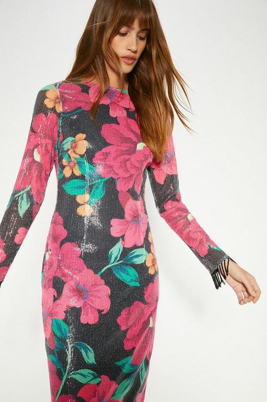 Oasis Floral Printed Sequin Fringe Detail Column Midi Dress 1
