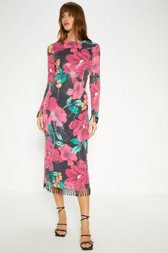 Oasis Floral Printed Sequin Fringe Detail Column Midi Dress 2