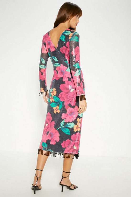Oasis Floral Printed Sequin Fringe Detail Column Midi Dress 3