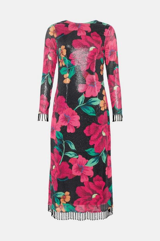 Oasis Floral Printed Sequin Fringe Detail Column Midi Dress 4